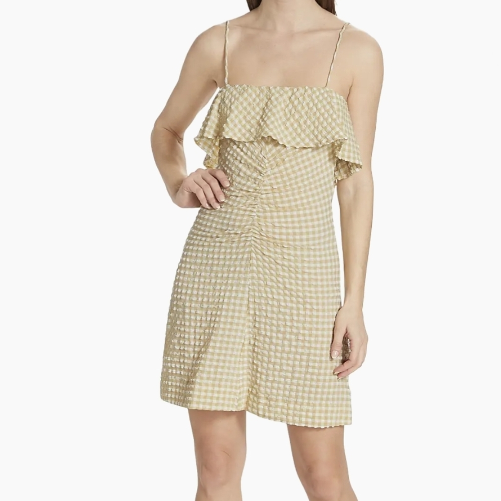GANNI Stretch Seersucker Mini Dress Size 32 (XXS) Pale Khaki NWT
